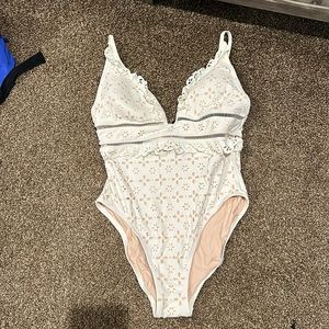 J Crew SCALLOPED RUFFLE PLUNGING ONE-PIECE SWIMSUIT IN LASER-CUT EYELET